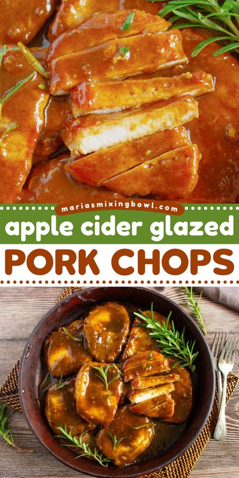 These Apple Cider Glazed Pork Chops are a family favorite in our household. They are the perfect combination of sweet and tangy, with a hint of garlic. We know that your family will love them as well. Oven Baked Pork Chops With Apples, Pork Chop Recipes With Apples, Pork Chops With Apple Cider, Honey Apple Pork Loin, Pork And Apple Sauce, Apple Cider Pork Chops, Apple Cider Pork, Pork Chops With Apples, Apple Cider Glaze