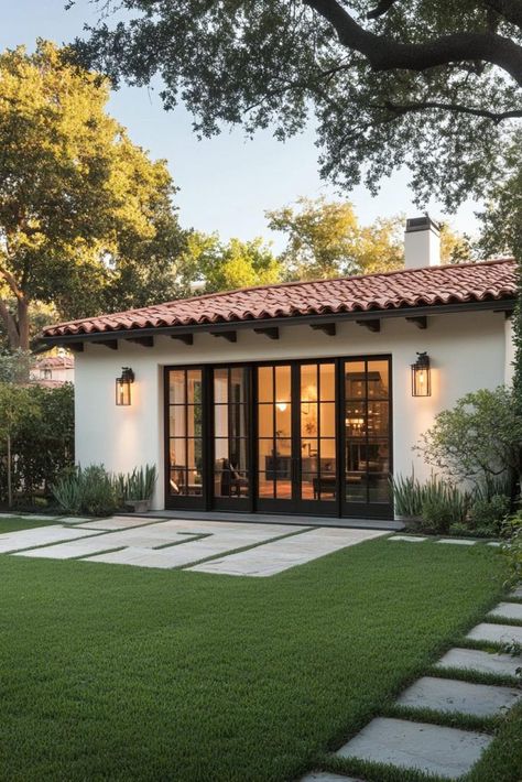 79 Vibrant Spanish Bungalows With Mediterranean Flair Poolside Lounge Chairs, Mediterranean Houses, Terracotta Roof Tiles, Wooden Path, Style Bungalow, Brick Steps, Spanish Bungalow, Terracotta Roof, Mediterranean Villa