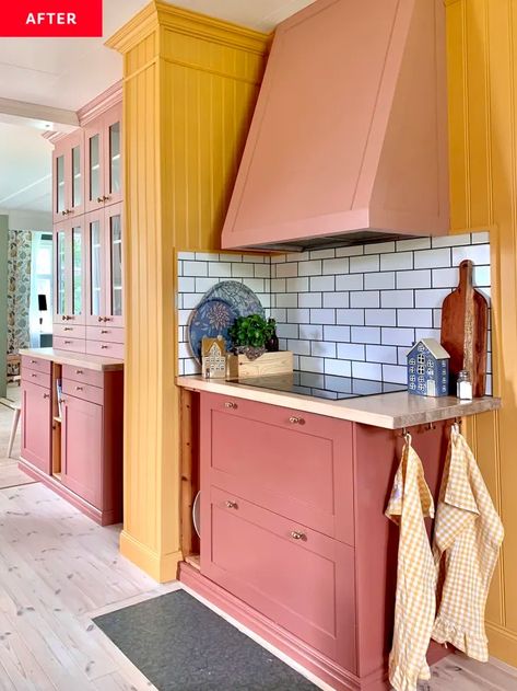 Before & After: Sage Cabinets Turn Pink for a Brighter Vibe | Apartment Therapy Plaster Pink Kitchen, Pink Orange Kitchen, Terracotta Cabinets, Pink Cabinets, Swedish Home, Entry Storage, Kitchen Cost, Fixer Upper Home, Kitchen Favorites