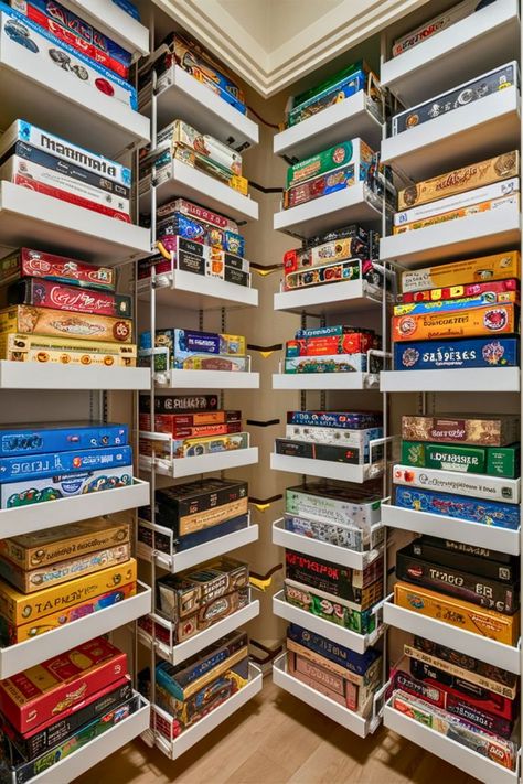 20 Board Game Storage [Easy Solutions] – craftydiyers.com Game Organizer Ideas, Board Game Storage Closet, Organizing Board Games Ideas, Board Games Shelf, Board Game Organization Living Room, Jigsaw Puzzle Storage Ideas, Board Game Closet, Board Game Tables, Game Storage Ideas Living Room