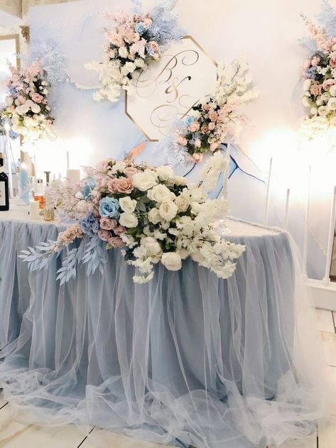 Dusty Blue Quinceanera Theme, Blue Wedding Backdrop Ideas, Pastel Quinceanera Theme, Dusty Blue Quinceanera Decorations, Dusty Blue Wedding Backdrop, Dusty Blue Wedding Decorations, Wedding Backdrop Blue, Blue Wedding Backdrop, Dusty Blue Wedding Table