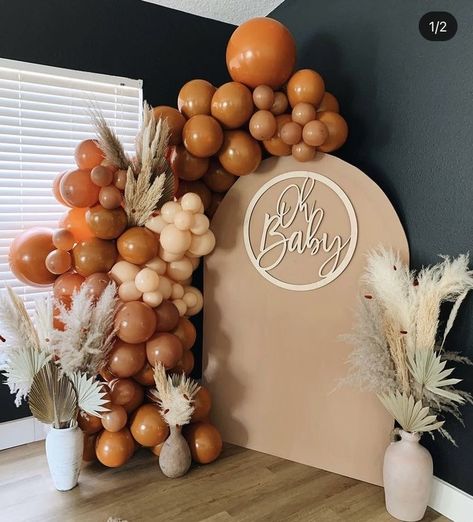 Orange And Brown Gender Reveal, Fall Boho Balloon Garland, Gender Reveal Ideas For Party Theme November, Terracotta Gender Reveal, Boho Fall Gender Reveal, Terracotta Balloon Garland, Terracotta Balloon Arch, Boho Baby Shower Balloon Arch, Rust Party Decor