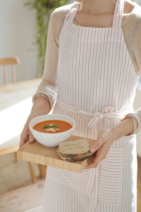 Apron Photoshoot, Striped Apron, Soup Kitchen, An Apron, Sewing Aprons, Joy Of Cooking, Cream Soup, Chefs Kitchen, Bowl Of Soup