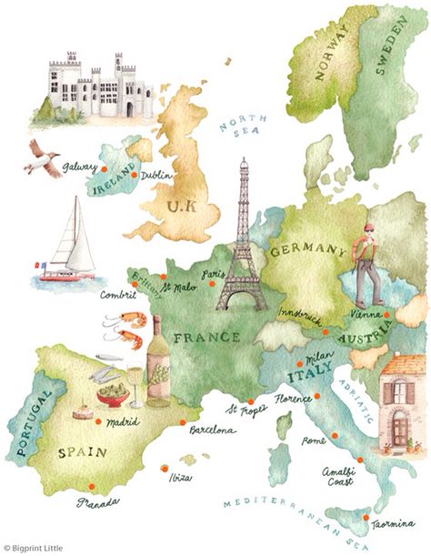 One of the most beautiful maps I've ever seen by Bigprint Little and artist from Australia Map Of Europe, Voyage Europe, Europe Map, Watercolor Map, Europe Summer, Travel Illustration, Illustrated Map, The Eiffel Tower, Travel Maps