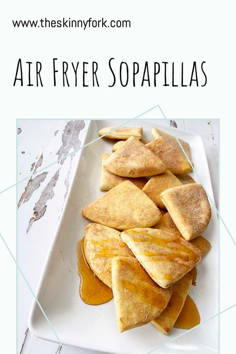 Check out these Air Fryer Sopapillas! They're easy to make little air fried sopapillas that takes just a few ingredients and hardly any time at all to cook! Dust with some cinnamon sugar and/or honey for a delicious dessert. TheSkinnyFork.com | Skinny & Healthy Recipes Cinnamon Sugar Tortillas, Cinnamon Tortillas, Quick Easy Desserts, Quick Desserts, Yummy Lunches, Cinnamon Sugar, Few Ingredients, Tortillas, Homemade Bread