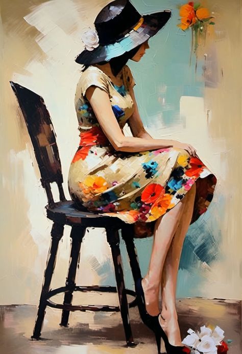 A beautiful painting captures the essence of a woman sitting on a chair, adorned with an elegant hat. The artist skillfully portrays the woman's poise and grace, as she sits in contemplation. The colors and brushstrokes bring life to the canvas, creating a captivating scene that draws the viewer in. Every detail, from the woman's expression to the intricate details of the hat, is carefully crafted with precision. Sitting Woman Drawing, Sitting In Chair, Hat Drawing, Elegant Hat, Gardening Hat, Elegant Hats, Woman Sitting, Painted Chairs, Beautiful Painting