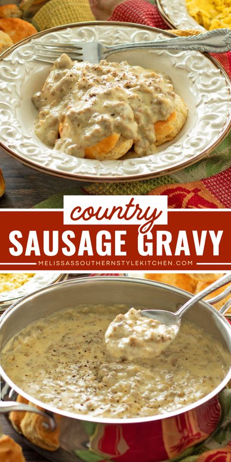 This Country Sausage Gravy is a thick and creamy country-style white gravy made with simple seasonings and pork sausage crumbles. It’s comfort food personified that can be served drizzled over biscuits for breakfast, brunch or supper any day of the week. Country Style Recipes, How To Make Sausage Gravy, Breakfast Food Truck Ideas, Biscuits And Gravy For A Crowd, Country Meals Southern Style, Pork Sausage Recipes Breakfast, Sausage Biscuits And Gravy, Biscuits For Breakfast, Country Sausage Gravy