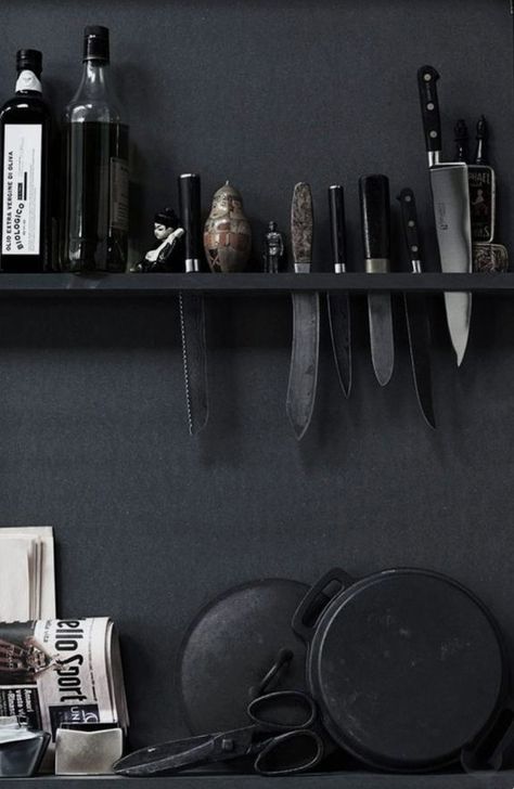 dark and dramatic. Shelving Kitchen, Interior Accents, Dark Interiors, Multifunctional Furniture, Lip Art, Scandinavian Home, Black Kitchens, Celebrity Hairstyles, On The Shelf