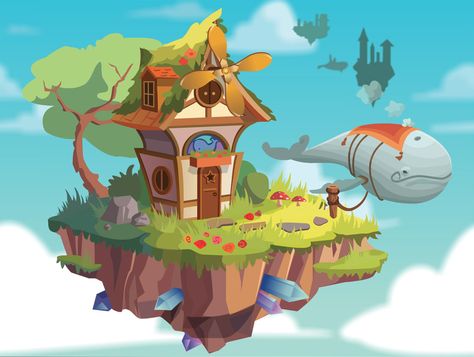 Building Cartoon, Floating Island, Cartoon House, Dragon City, 8bit Art, My Fantasy World, Low Poly Art, House Illustration, Island Art