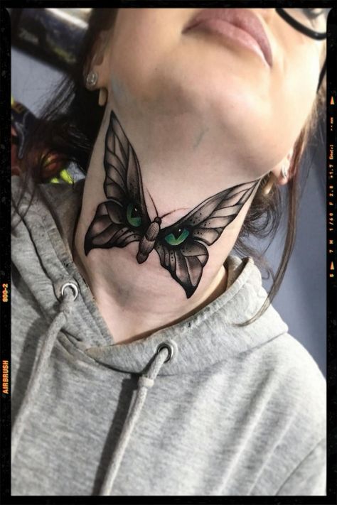 Butterfly Throat Tattoos Women, Neck Tattoos Women Throat Butterfly, Butterfly Neck Tattoos Women, Butterfly Throat Tattoo, Throat Tattoos Women Simple, Neck Butterfly Tattoo, Butterfly Tattoo Neck, Neck Tattoo Cover Up, Wing Neck Tattoo