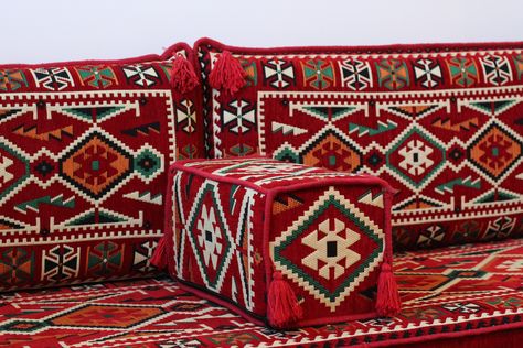 What's Included in this Package? This floor sofa set comprises 5 individual pieces; 1 X 190*70cm floor seating couch, 2 X backrest pillows, 1 X armrest pillows and 1 X 180*90 cm high quality machine woven Turkish kilim rug. These products feature traditional kilim patterns that will enhance and brighten up any room or space. Our versatile collection makes the perfect finishing touch for creating a cozy and welcoming atmosphere in your home. RUG ONLY - 180*90 cm high quality machine woven Turkish Majlis Sofa, Bohemian Style Furniture, Arabic Sofa, Turquoise Sofa, Floor Seating Cushions, Bohemian Style Sofa, Turkish Home Decor, Arabic Majlis, Pallet Cushions