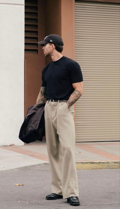 Wide Pants Outfit Casual Men, Summer Outfits Men Work, Spring Smart Casual Outfits Men, Smart Casual Outfit For Men Summer, Mens Summer Office Outfits, Men Trousers Outfit Street Styles, Summer Workwear Outfits Men, Men’s Wide Leg Pants Outfit, Smart Casual Men Outfit Summer