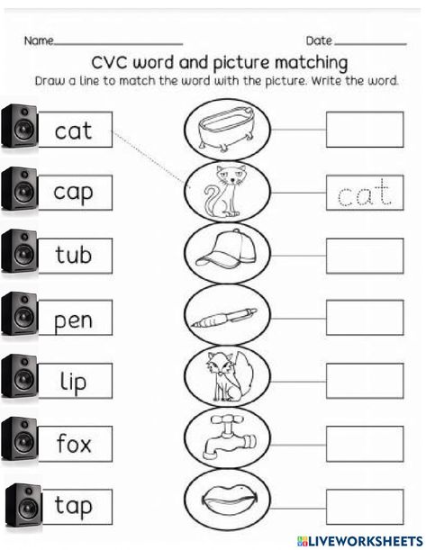 Picture Matching Worksheet, Writing Cvc Words Worksheets, Cvc Word Worksheets, Cvc Worksheets Kindergarten, Kindergarten Literacy Worksheets, Writing Cvc Words, Words Worksheet, Phonics Cvc, Cvc Worksheets