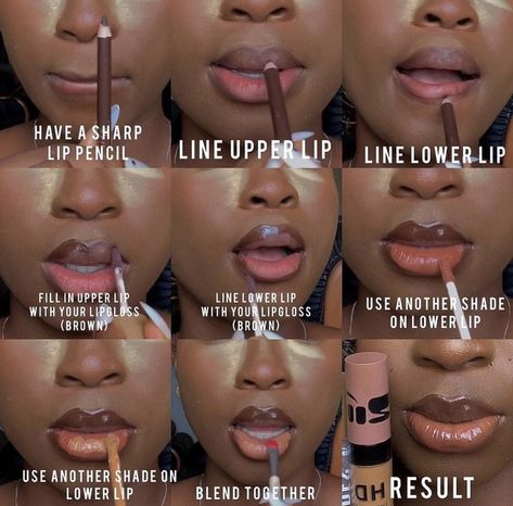 Black Women Lip Gloss, Simple Lip Liner Looks, Black Lip Liner Black Women, Lip Makeup Tutorial Black Women, Lip Liner And Gloss Combo Black Women, Nude Makeup Black Women, Lip Liner Tutorial, British Makeup, Nude Lipgloss