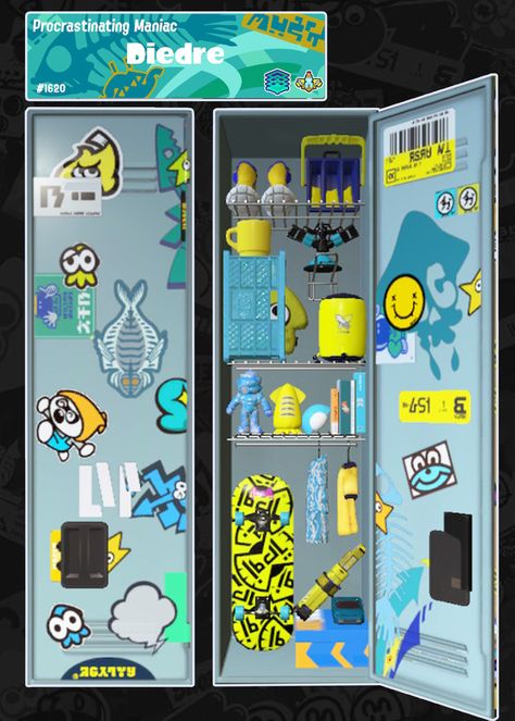 Splatoon 3 Lockers, Splatoon 3 Locker Ideas, Splatoon 3 Outfits, Splatoon Locker Ideas, Splatoon 3 Art, Splatoon Outfits, Splatoon Locker, Monochromatic Bedroom, Locker Ideas