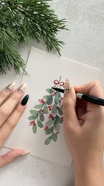 Lil & E | Fine Art | Watercolor Artist on Instagram: "This was so fun to paint!! Can’t believe Christmas is almost here! 🌲 #paintingaday #paintwithme #paintforfun #learntowatercolor #learntopaint #watercolorpainting #watercolorforbeginners #paintingforbeginners #holidaypainting #christmaswatercolor #illinoisartist #centralil #centralillinois" Watercolor Christmas Art Tutorial, Christmas Watercolor Paintings, Watercolor Christmas Art, Christmas Art Projects, White Berries, Step By Step Watercolor, Watercolor Beginner, Believe Christmas, Holiday Painting