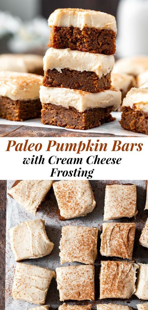 These Paleo Pumpkin Bars are a fun and healthy way to enjoy fall baking season! They're gluten free, dairy free, and refined sugar free. Paleo Pumpkin Dessert, Paleo Pumpkin Bars, Pumpkin Bars With Cream Cheese, Bars With Cream Cheese Frosting, Bars With Cream Cheese, Cheese Frosting Recipe, Baking With Almond Flour, Paleo Baking, Paleo Pumpkin