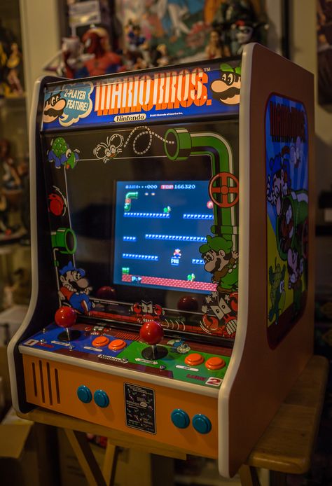 My complete mini Mario Bros. mini bartop arcade machine! Video Game Cabinet, Arcade Ideas, Arcade Bartop, Mini Mario, Arcade Games For Sale, Diy Arcade Cabinet, Retro Arcade Machine, Arcade Stick, Arcade Room