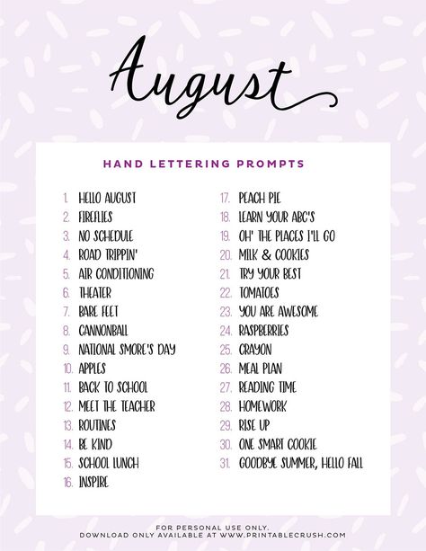 August Hand Lettering Prompts and Free Practice Sheet August Drawing Prompts, August Drawing, 30 Day Drawing Challenge, Drawing Ideas List, Drawing Prompts, Lettering Challenge, Drawing Prompt, Daily Drawing, Art Prompts