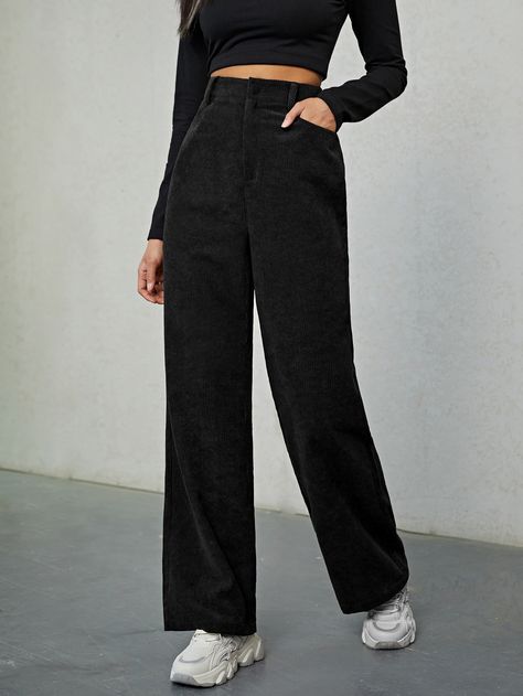 Black Casual   Corduroy Plain Straight Leg Embellished Non-Stretch Fall/Winter Women Bottoms Pant Outfits For Women, Brown Pants Outfit, Corduroy Pants Outfit, Brown Corduroy Pants, Corduroy Pants Women, Navy Dress Pants, 2024 Outfits, Dockers Pants, Women Bottoms