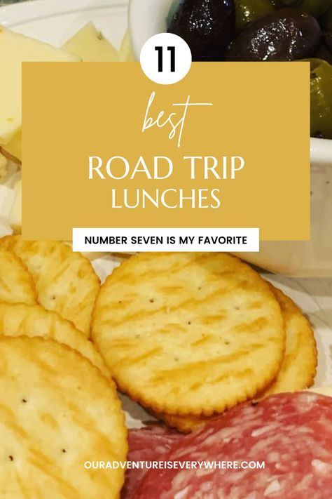 Lunch On The Road Ideas, Road Trip Snack Ideas For Adults, Road Trip Packed Lunch, Vegetarian Road Trip Meals, Packable Food For Travel, Homemade Snacks For Road Trip, Lunch Ideas On The Road, Easy Road Trip Lunches, Travel Dinner Ideas Road Trips