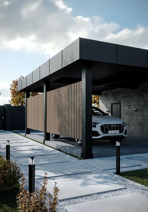 Exterior of a private house in Kiev on Behance Car Porch Design, Modern Carport, Garage Exterior, Carport Designs, Modern Garage, Modern House Facades, House Gate Design, Private House, Bloxburg House Ideas