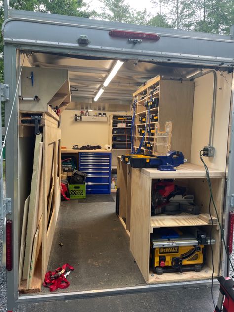 Workvan Storage, Trailer Tool Storage Ideas, Tool Trailer Organization Ideas, Tool Trailer Ideas, Work Trailer Organization, Construction Trailer Setup, Work Trailer Organization Ideas, Tool Trailer Organization, Contractor Trailer Organization