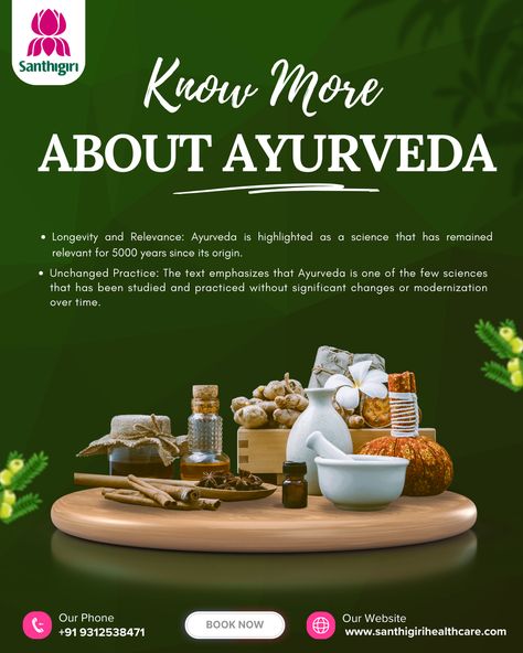 Know More About Ayurveda 🌿

Ayurveda is a science that has stood the test of time for over 5000 years, offering holistic healing and wellness. It remains unchanged and relevant even today, practiced as it was in ancient times.

Why Ayurveda?
✅ Supports longevity
✅ Offers natural, holistic healing
✅ Unmatched relevance through centuries

📞 Call us: +91 9312538471
🌐 Visit our website: www.santhigirihealthcare.com
💬 Book Now!

#ayurveda #holistichealing #ancientwisdom #naturalremedies #longevity #wellnessjourney #sustainablehealth #mindbodybalance #traditionalmedicine #herbalhealing #healthyliving #wellnessculture #naturaltherapy #ayurvedalifestyle Herbal Healing, Body Balance, Natural Therapy, Traditional Medicine, Ancient Wisdom, Holistic Healing, Ancient Times, Ayurveda, Natural Remedies