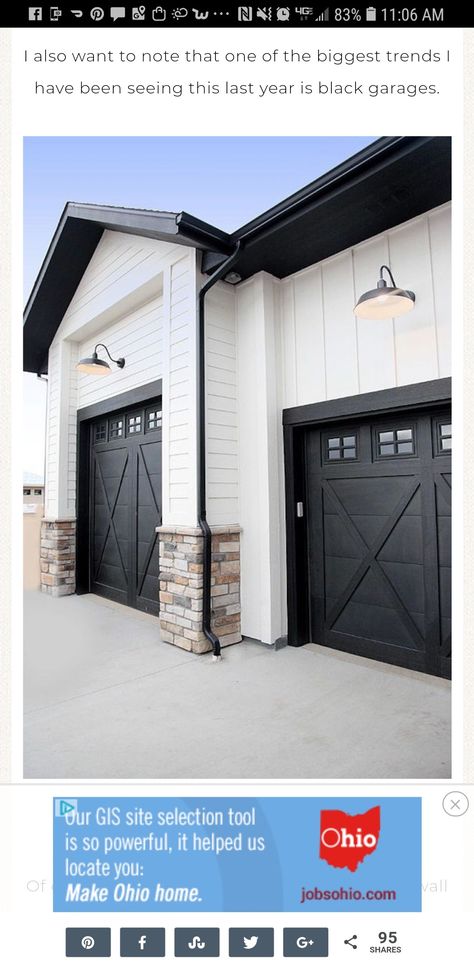 Midcentury Modern Front Door, Barn Door Garage, Modern Garage Door, Black Garage Doors, Farmhouse Exterior Colors, Black Garage, Farmhouse Garage, Modern Garage Doors, Garage Door Styles