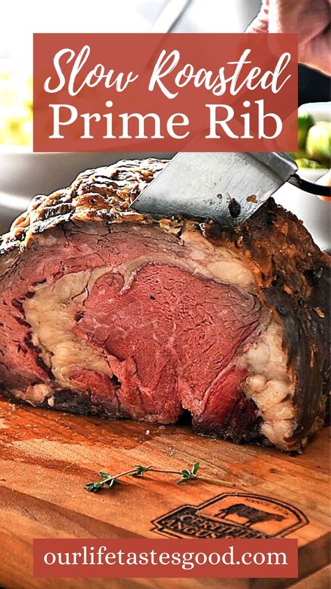 Slow Roasted Prime Rib on a wooden cutting board Rib Roast Slow Cooker, Easy Prime Rib Recipe, Easy Prime Rib, Boneless Prime Rib, Holiday Prime Rib, Roasted Prime Rib, Boneless Prime Rib Roast, Slow Roasted Prime Rib, Rib Dinner