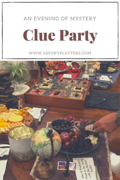 Clue Party Theme, Mystery Games For Adults, Clue Themed Party Food, Clue Inspired Cocktails, Mystery Party Decorations, Clue Halloween Decorations, Clue Game Party, Clue Themed Food, Mystery Party Food Ideas