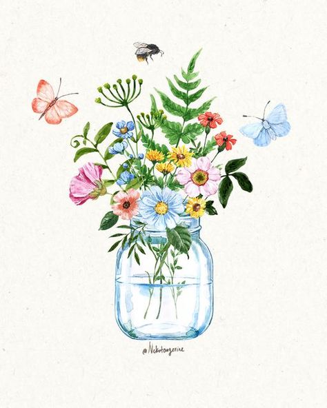 Wild Flowers Bouquet Drawing, Wild Flower Bouquet Painting, Cute Flower Bouquets Drawings, Flowers In A Jar Painting, Flower Bouquet Drawing Watercolor Print, Flowers In Mason Jars Drawing, Summer Flowers Illustration, Mason Jar Watercolor, Summer Flower Illustration