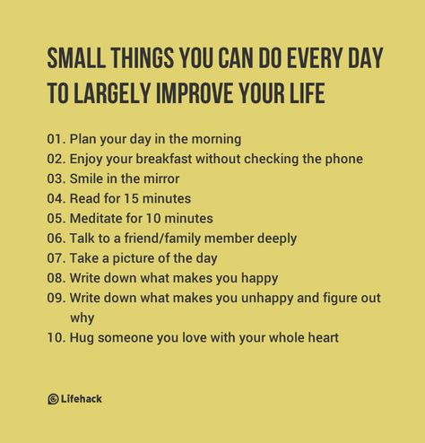 Small Things You Can Do Everyday - "Plan your day. Take a picture of the day. Write down what makes you happy... " Health Knowledge, Small Changes, Self Care Activities, Small Things, Life Advice, Transform Your Life, Self Improvement Tips, Good Advice, Self Development