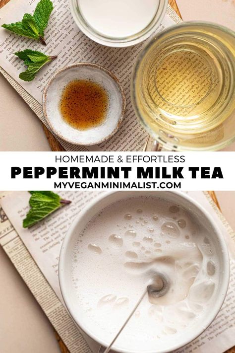 This peppermint milk tea melds the silkiness of oat milk with invigorating mint flavors. It's the perfect hot tea for a cold day and the ultimate drink during the holiday season.  The gently refreshing peppermint provides a light refreshment before, during, or after work or study. It's a great wake-up beverage with all the benefits of coffee but none of the caffeine. Plus, this recipe is so versatile. It can be served hot or cold & enjoyed with a variety of toppings. Tea For A Cold, Fresh Mint Tea, Benefits Of Coffee, Peppermint Syrup, Matcha Ice Cream, Vegan Dark Chocolate, Coffee Benefits, Coconut Whipped Cream, Festive Drinks