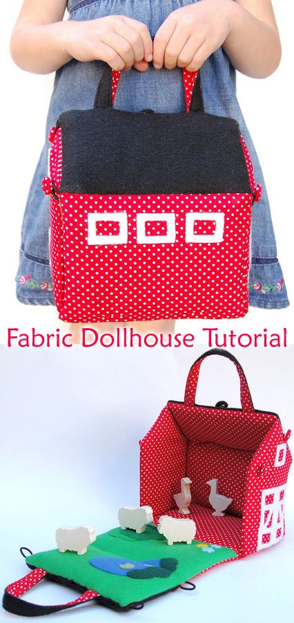 Fabric Dollhouse Bag Tutorial + Pattern Fabric Toys Diy, Dollhouse Purse, Bag Free Sewing Pattern, Fabric Dollhouse, Felt Doll House, Travel Dollhouse, Fabric Doll House, Toy Barn, Dollhouse Tutorials