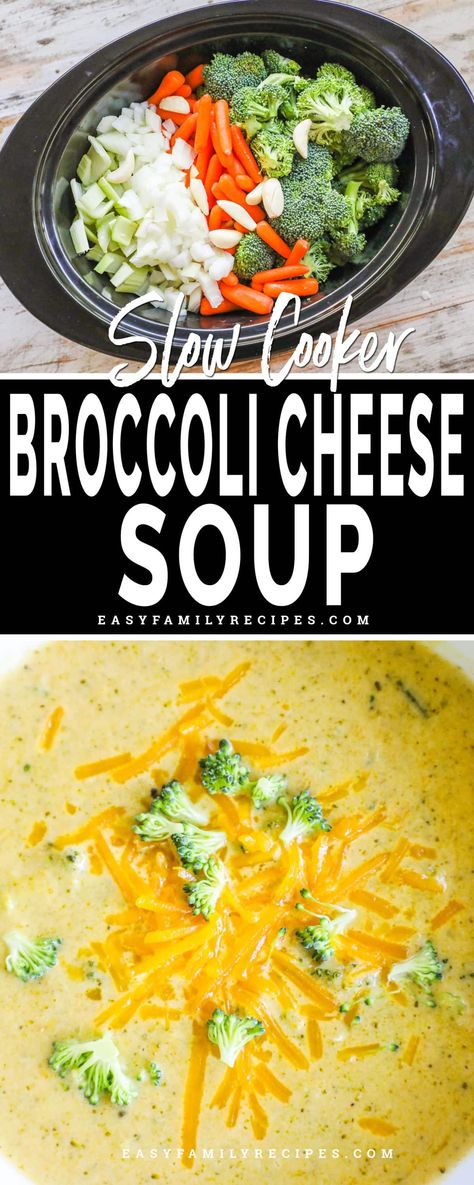 Easy Crock Pot Broccoli Cheese Soup · Easy Family Recipes Broccoli Cheese Soup With Velveeta, Broccoli Soup Crockpot, Velveeta Broccoli Cheese Soup, Crock Pot Broccoli Cheese Soup, Crockpot Broccoli Cheddar Soup, Crock Pot Broccoli, Easy Slow Cooker Dinner, Broccoli And Cheese Soup, Creamy Broccoli Cheddar Soup