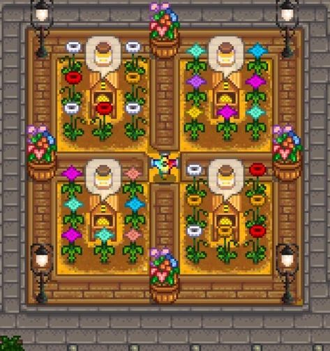 Beehive Layout Stardew Valley, Stardew Valley Beehive Ideas, Beehive Setup Stardew Valley, Simple Stardew Valley Farm Layout, Sdv Beehive Layout, Beehive Stardew Valley, Stardew Design Ideas, Stardew Valley Fair Display, Stardew Valley Bee House Layout