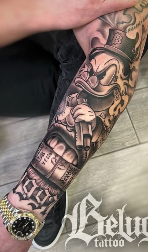 Forearm Tattoo Men Sleeve Ideas Design, Gangster Sleeve Tattoo, Money Maker Tattoo, Chicano Sleeve Tattoo, Chicano Sleeve, Best Hand Tattoos, Tattoos Arm Mann, Samurai Tattoo Sleeve, Gangster Tattoo