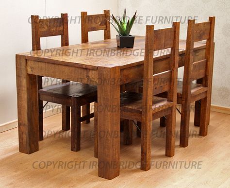 Rustic Dining Tables | RUSTIC FARM 150cm DINING TABLE & 4 RUSTIC FARM CHAIRS Wooden Bench For Dining Table, Rustic Dining Table With Bench, Dining Table Chairs Design Wooden, Butcher Block Dining Table, Wooden Table Design, Rustic Dining Room Sets, Dining Table Bench Seat, Dapur Rustic, Rustic Farmhouse Dining Table