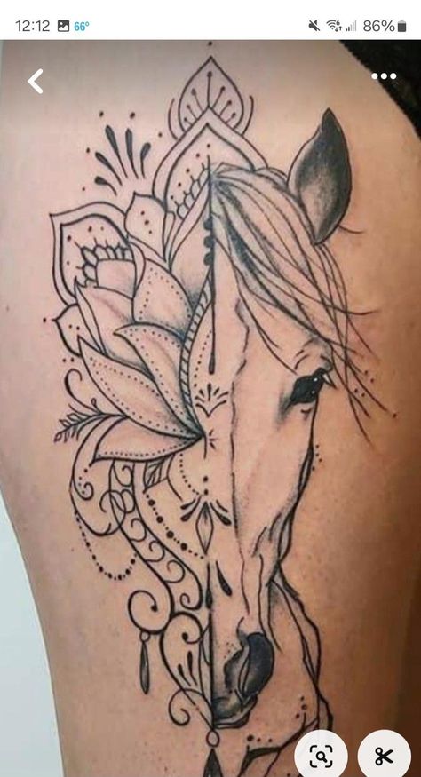 White Horse Tattoo Ideas, Mandala Horse Tattoo, Horse Tattoo Thigh, Horse Shoulder Tattoo, Viking Horse Tattoo, Horse Leg Tattoo, Western Themed Tattoos For Women, Horse Flower Tattoo, Horse Tattoo With Flowers