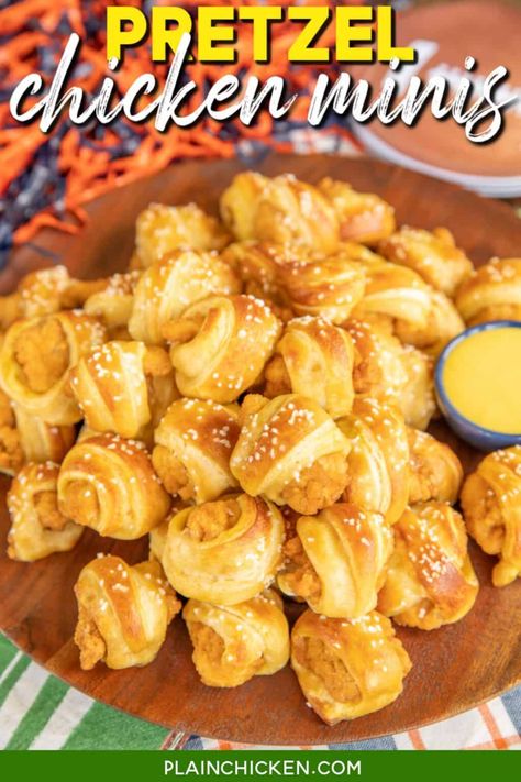 Pretzel Chicken Minis - Plain Chicken Chicken Pretzel, Stuffed Pretzel Bites, Sausage Cheese Muffins, Frozen Popcorn, Pizza Puffs, Pretzel Chicken, Chicken Crescent Rolls, Football Friday, Cream Cheese Sausage Balls