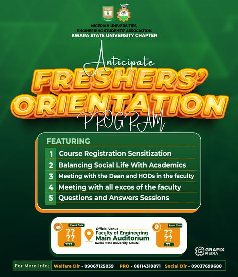 Freshers' Orientation Flyer Freshers Orientation Flyer Design, Freshers Poster, Folder Graphic Design, Freshers Day, Freshman Orientation, Service Poster, Freshers Party, Pubmat Ideas, School Graphics