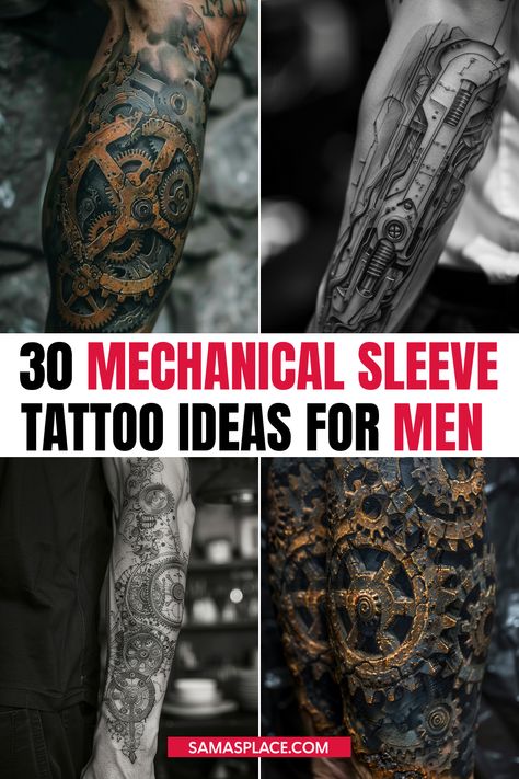 Mechanical sleeve tattoo ideas for men featuring detailed, futuristic designs with gears and machinery. Gear Tattoo Mechanical, Heavy Equipment Tattoo, Mechanical Tattoos For Men, Best Sleeve Tattoos Men Unique, Diesel Mechanics Tattoo, Gears Tattoo, Mechanical Sleeve Tattoo, Biomechanical Tattoo Design, Realistic Shading