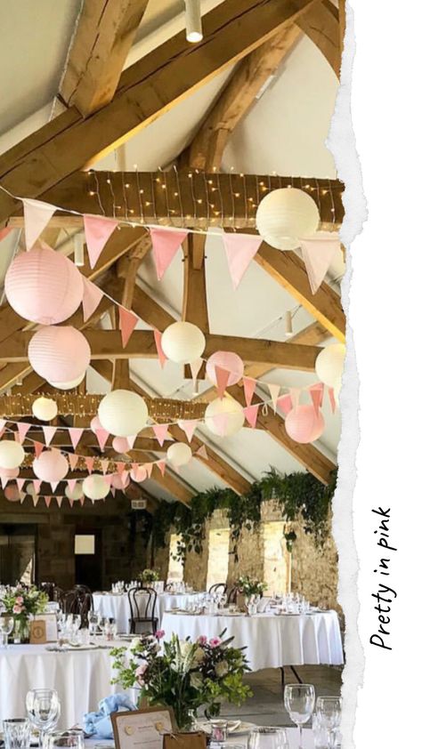 Paper Lanterns And Bunting Wedding, Birthday Bunting Ideas, Wedding Bunting Ideas, Pastel Bunting, Barn Birthday Party, Bunting Ideas, Pink Lanterns, Pink Bunting, Wedding Reception Hall