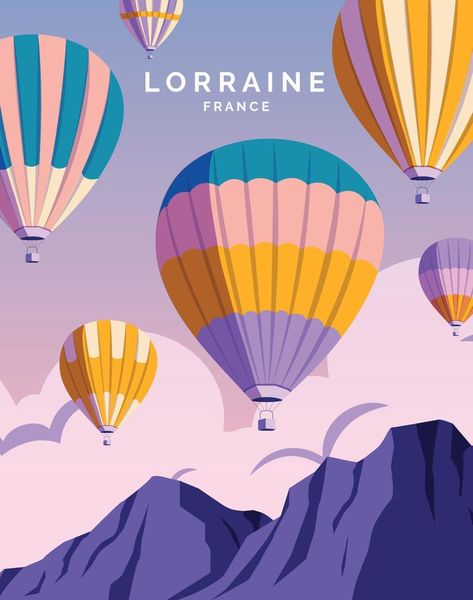 hot air balloon festival in lorraine france. travel landscape illustration background for poster, postcard, art print Hot Air Balloon Poster Design, Hot Air Balloon Wall Art, Hot Air Balloon Graphic, Hot Balloon Illustration, Hot Air Balloon Graphic Design, Hot Air Balloon Mural, Hot Air Balloon Print, Ballons Illustration, Hot Air Balloon Aesthetic