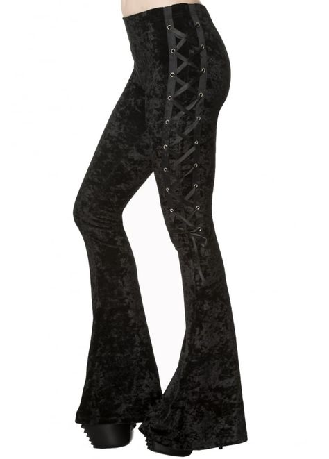 Grunge Punk Outfits, Lace Up Trousers, Gothic Leggings, Hallowen Ideas, Velvet Flare Pants, Attitude Clothing, Flare Legging, Velvet Flares, Velvet Trousers