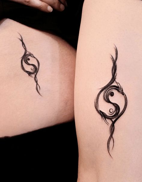 Yin-Yang Minimalist Dragon Tattoo Intertwined Dragons Tattoo, Year Of The Dragon Tattoo For Women, Simple Ying Yang Tattoo, Dragon Ying Yang Tattoo, Minimalist Tattoo Dragon, Tattoos About Balance, Ying Yang Couple Tattoo, Dragon Tattoos Women, Double Dragon Tattoo