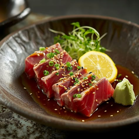 Tuna Tataki Tuna Fresh Recipes, Tuna Tataki Recipe, Tataki Sauce Recipe, Raw Tuna Recipes, Tuna Fish Recipe, Tuna Entree, Tuna Sashimi Recipe, Tuna Seared, Tataki Tuna