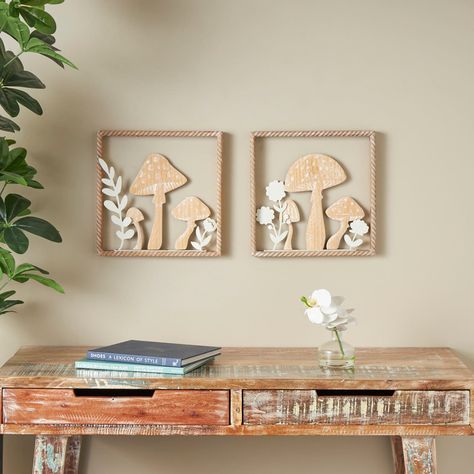 "Buy the Brown Mushroom Cutouts with Carved Twisted Frames and White Floral Accents Set at Michaels. com. These wall décor pieces are made from a unique blend of materials including iron, pine, MDF and beech wood. The brown wooden mushroom wall décor set is beautifully accented with white floral details for a bohemian touch. The unique features of this set include mushroom cutouts, carved twisted frames and white floral accents that add an artistic flair. Designed with a free-spirited charm wher Mdf Wall Decor, Brown Wall Decor, Bear Cave, Origami Paper Craft, Laser Engraved Ideas, Balsa Wood, Kids Gift Ideas, Diy Wooden Projects, Metal Furniture Design