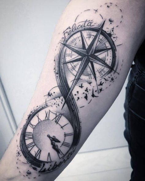 Top 41 Best Infinity Tattoos - [2020 Inspiration Guide] Infinity Tattoo For Men, Infinity Symbol Tattoo, Pocket Watch Tattoos, Infinity Tattoo Designs, Hourglass Tattoo, Compass Tattoo Design, Clock Tattoo Design, Tattoos Geometric, Watch Tattoos